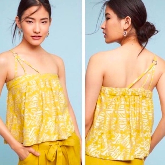 Anthropologie • Floreat | Yellow One Shoulder Embroidered Tank Bohemian medium - Picture 1 of 10